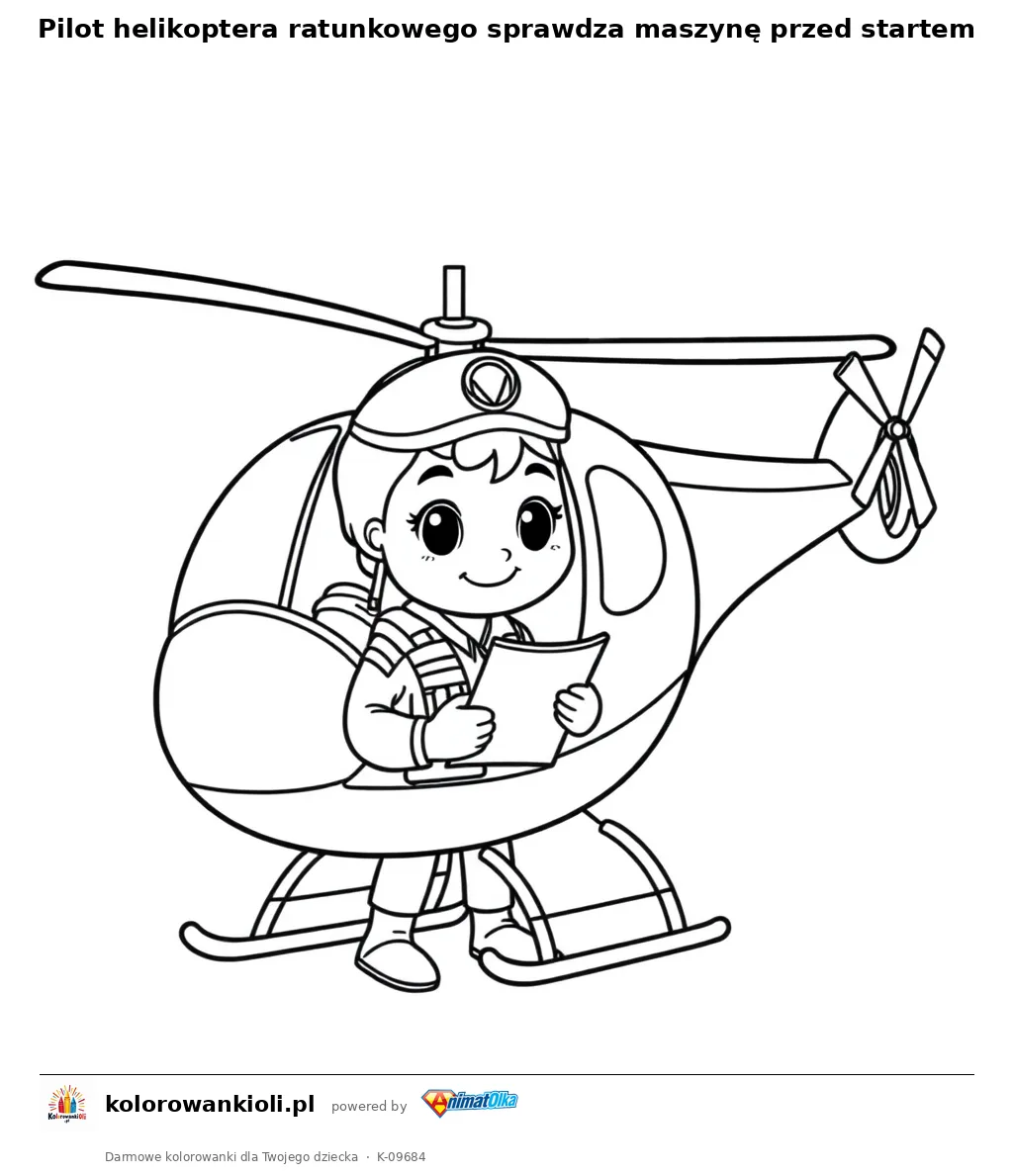 Pilot helikoptera ratunkowego sprawdza maszynę przed startem — kolorowanka do wydruku dla dzieci