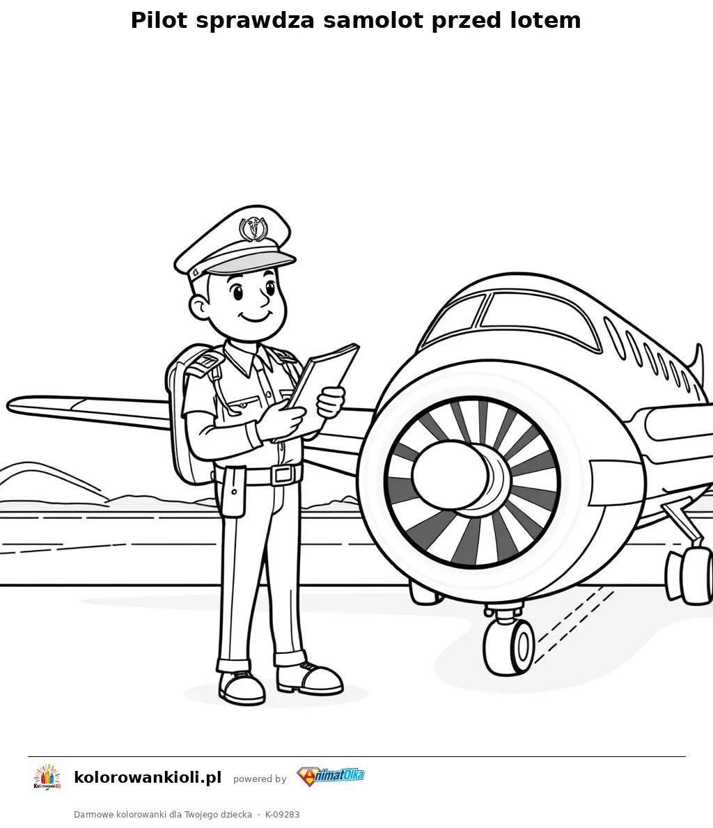 Pilot sprawdza samolot przed lotem — kolorowanka do wydruku dla dzieci