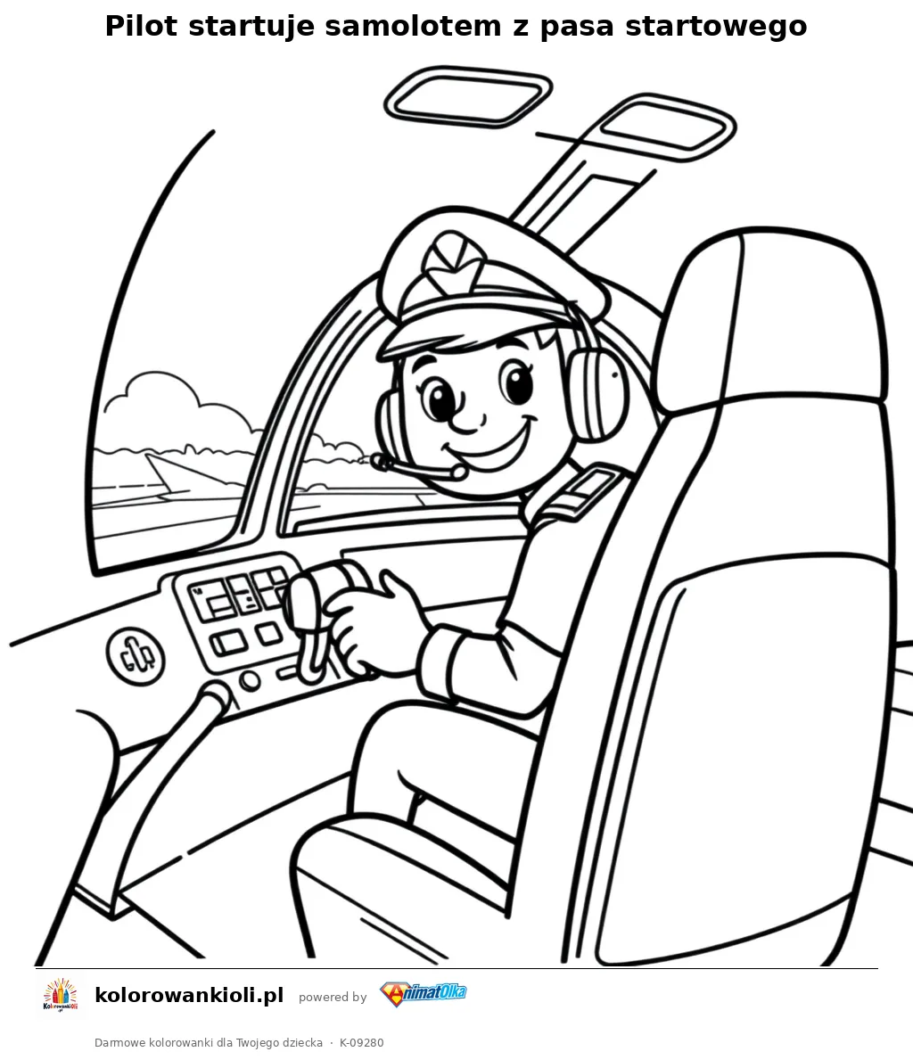 Pilot startuje samolotem z pasa startowego — kolorowanka do wydruku dla dzieci