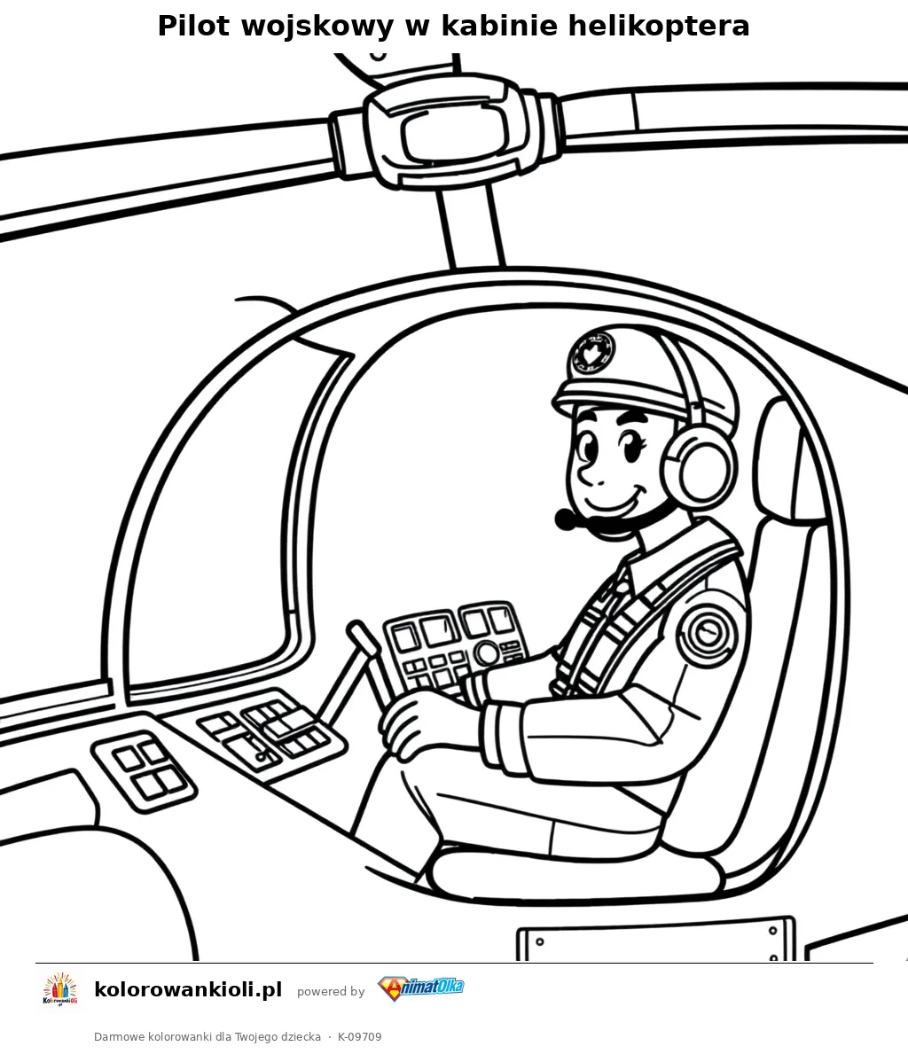 Pilot wojskowy w kabinie helikoptera — kolorowanka do wydruku dla dzieci