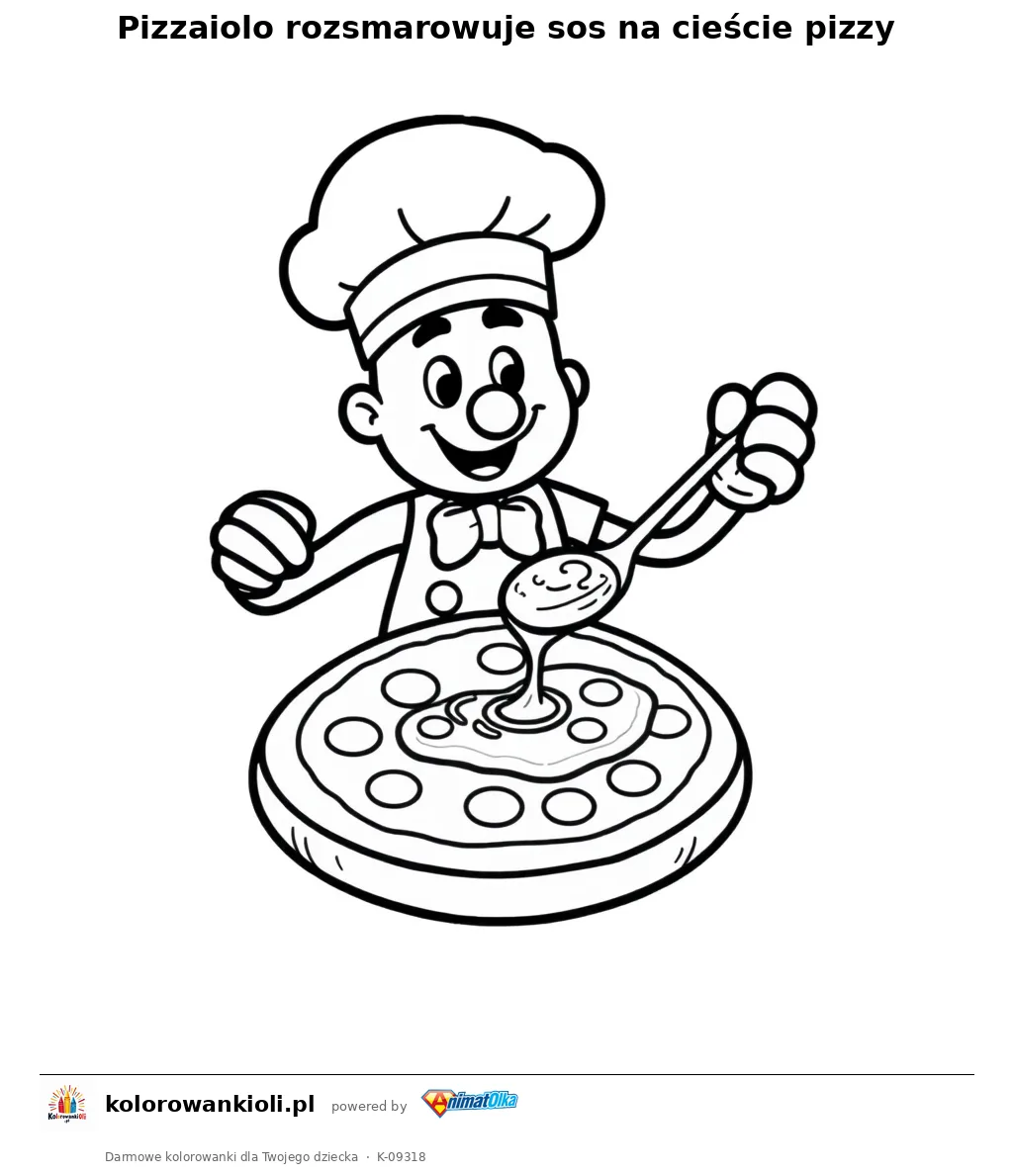Pizzaiolo rozsmarowuje sos na cieście pizzy — kolorowanka do wydruku dla dzieci