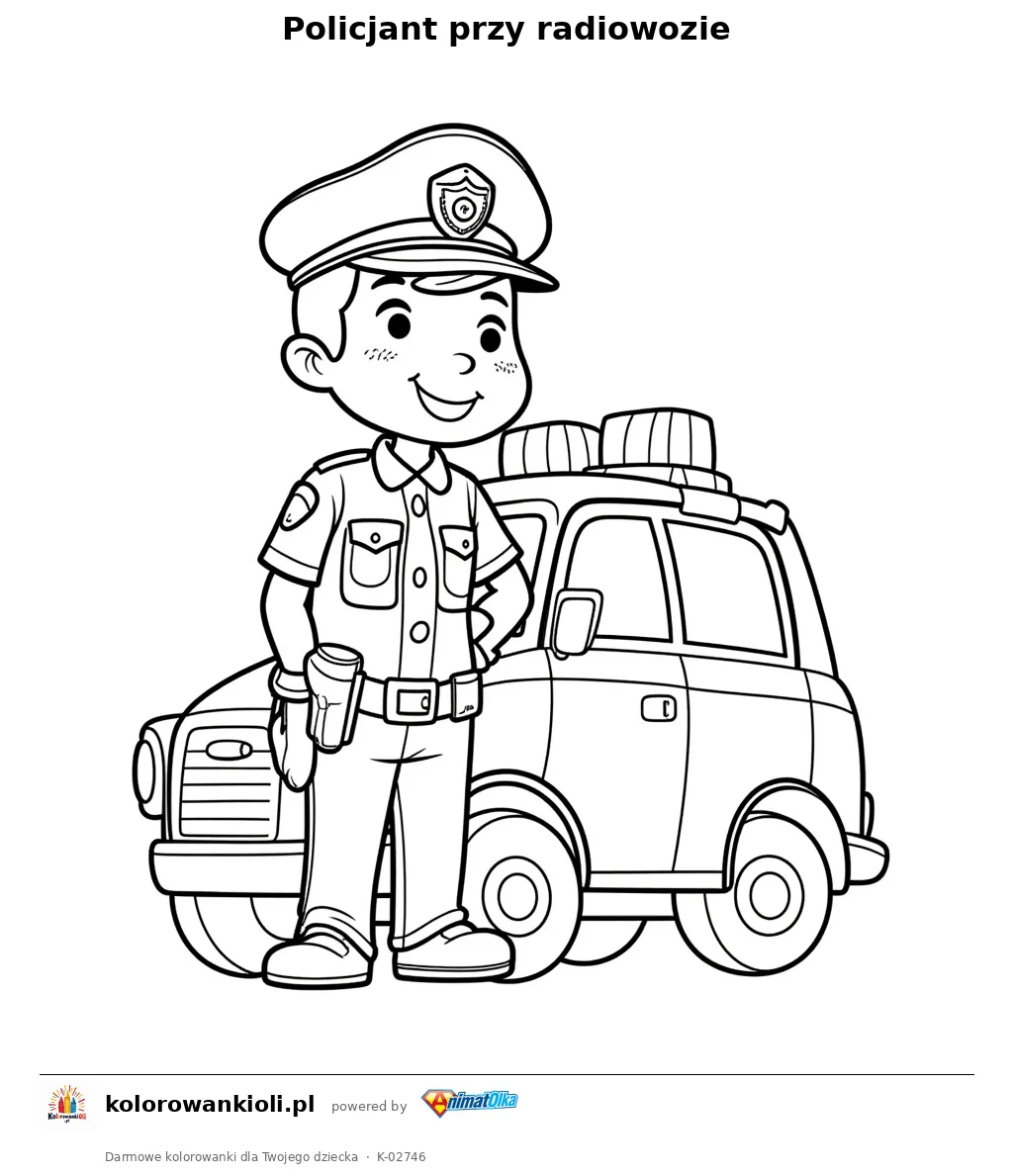 Policjant przy radiowozie — kolorowanka do wydruku dla dzieci