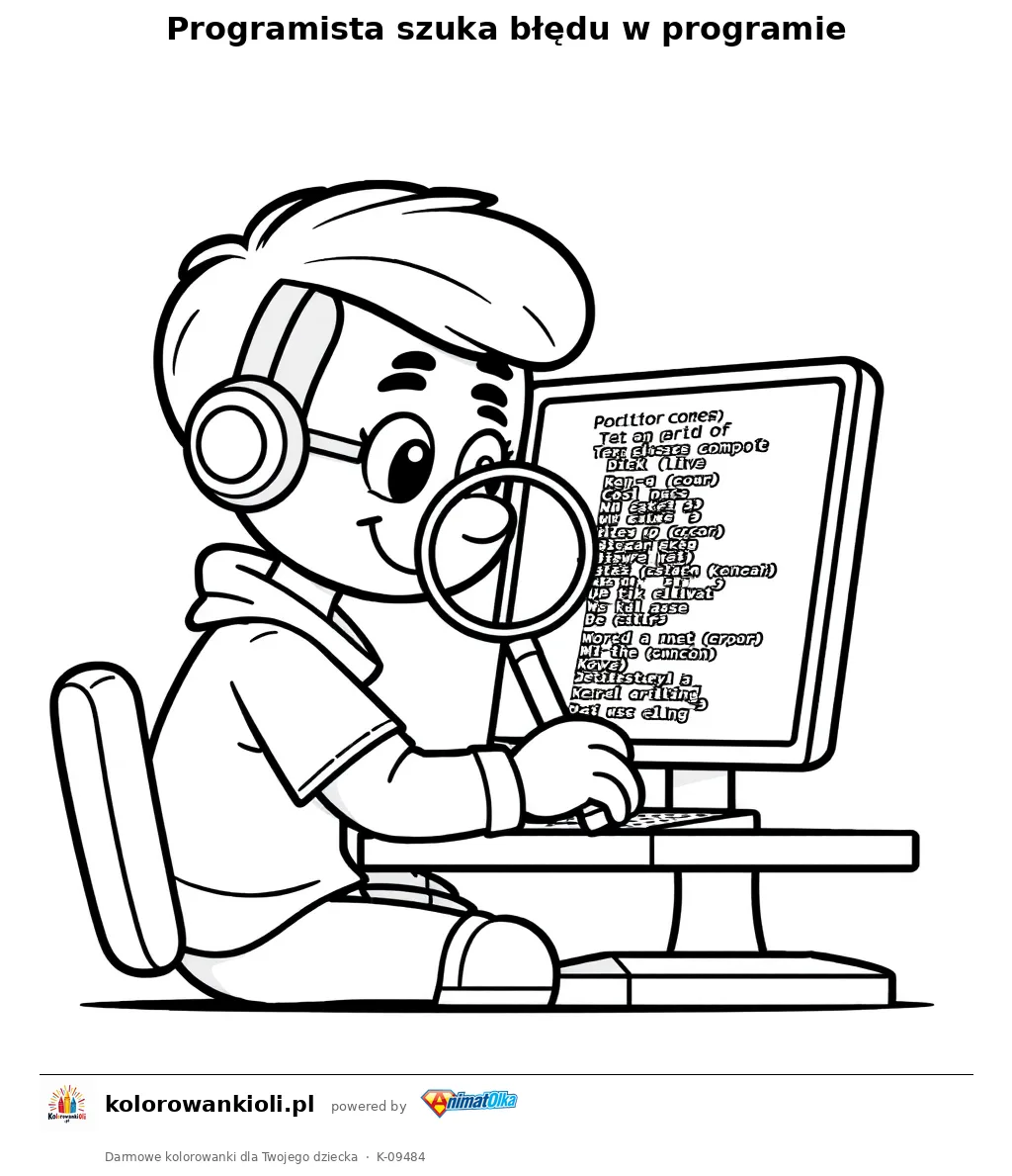 Programista szuka błędu w programie — kolorowanka do wydruku dla dzieci