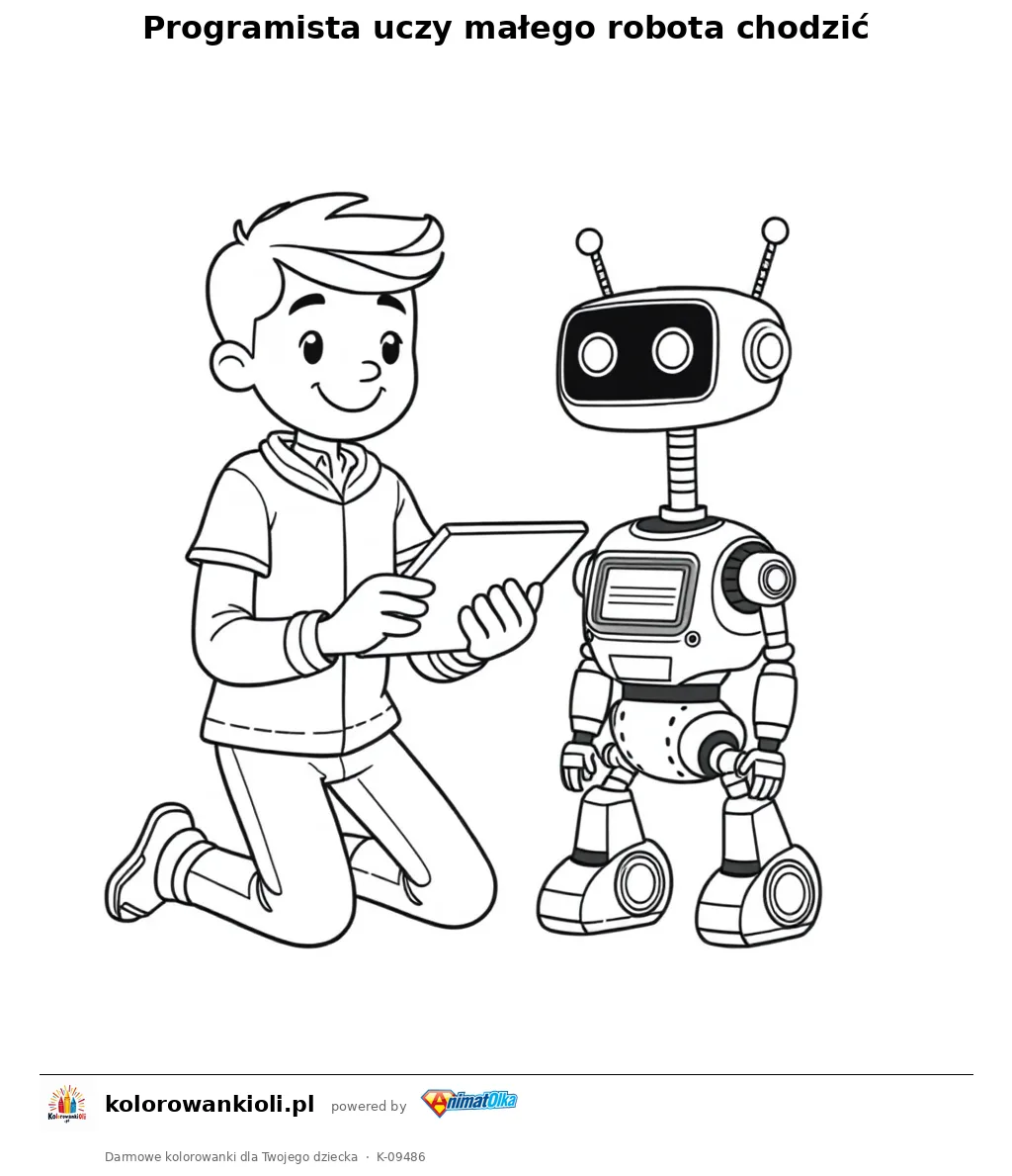 Programista uczy małego robota chodzić — kolorowanka do wydruku dla dzieci