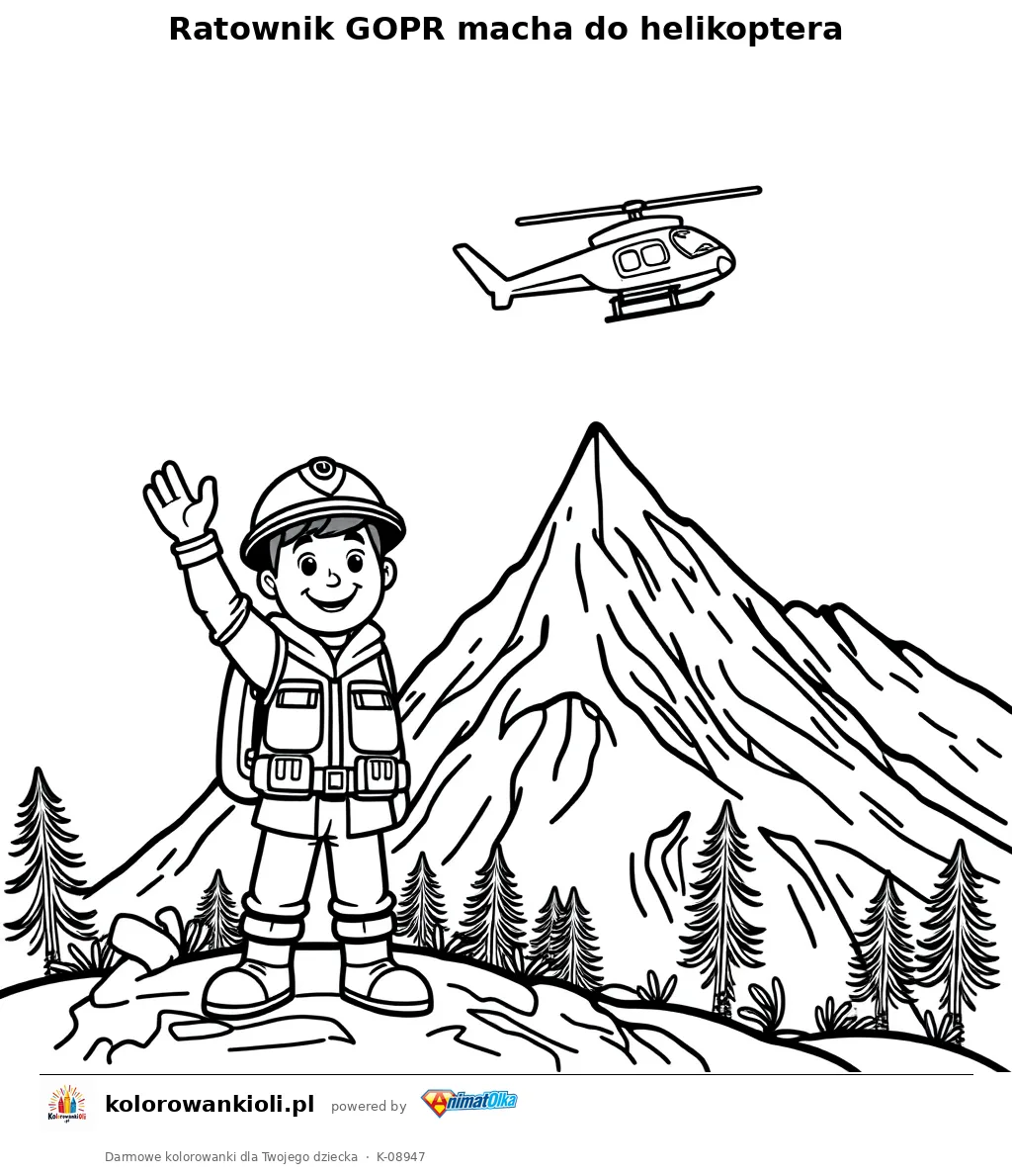 Ratownik GOPR macha do helikoptera — kolorowanka do wydruku dla dzieci
