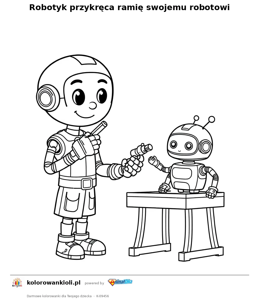 Robotyk przykręca ramię swojemu robotowi — kolorowanka do wydruku dla dzieci