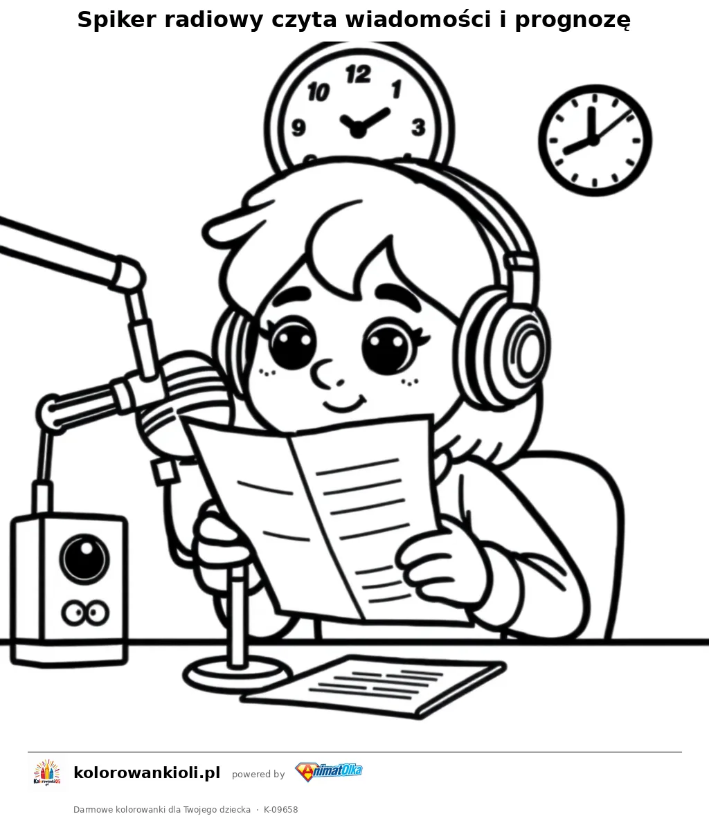 Spiker radiowy czyta wiadomości i prognozę — kolorowanka do wydruku dla dzieci