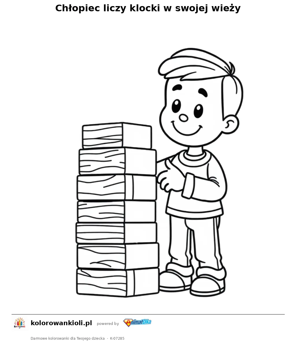 Chłopiec liczy klocki w swojej wieży — kolorowanka do wydruku dla dzieci