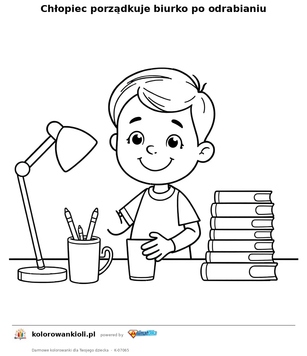 Chłopiec porządkuje biurko po odrabianiu — kolorowanka do wydruku dla dzieci