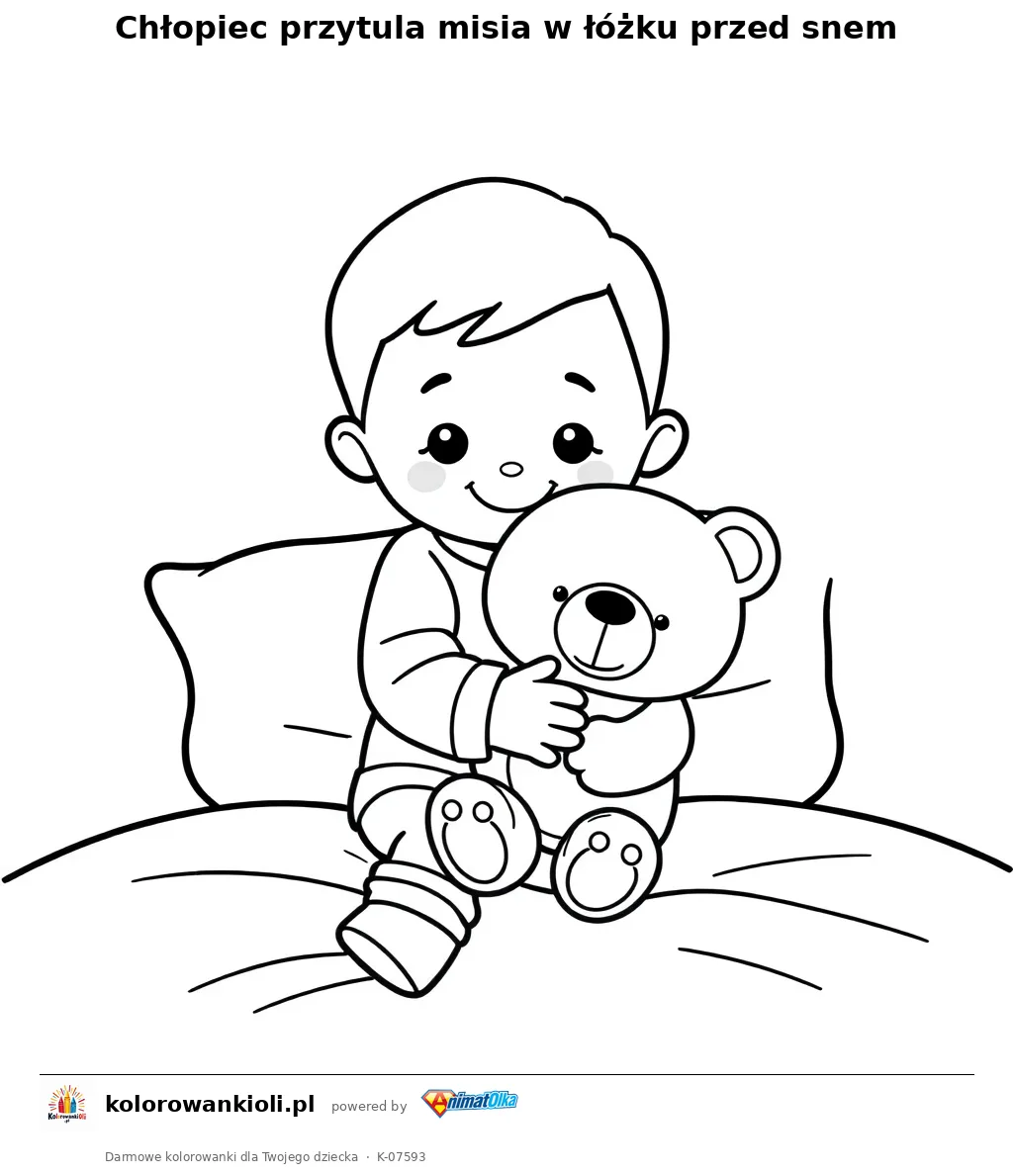 Chłopiec przytula misia w łóżku przed snem — kolorowanka do wydruku dla dzieci