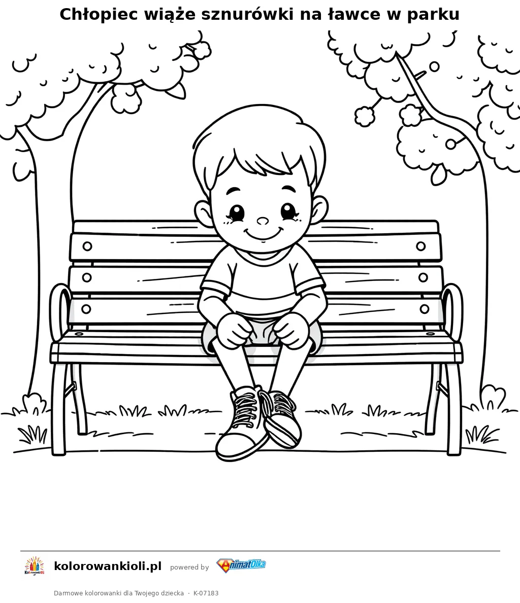 Chłopiec wiąże sznurówki na ławce w parku — kolorowanka do wydruku dla dzieci