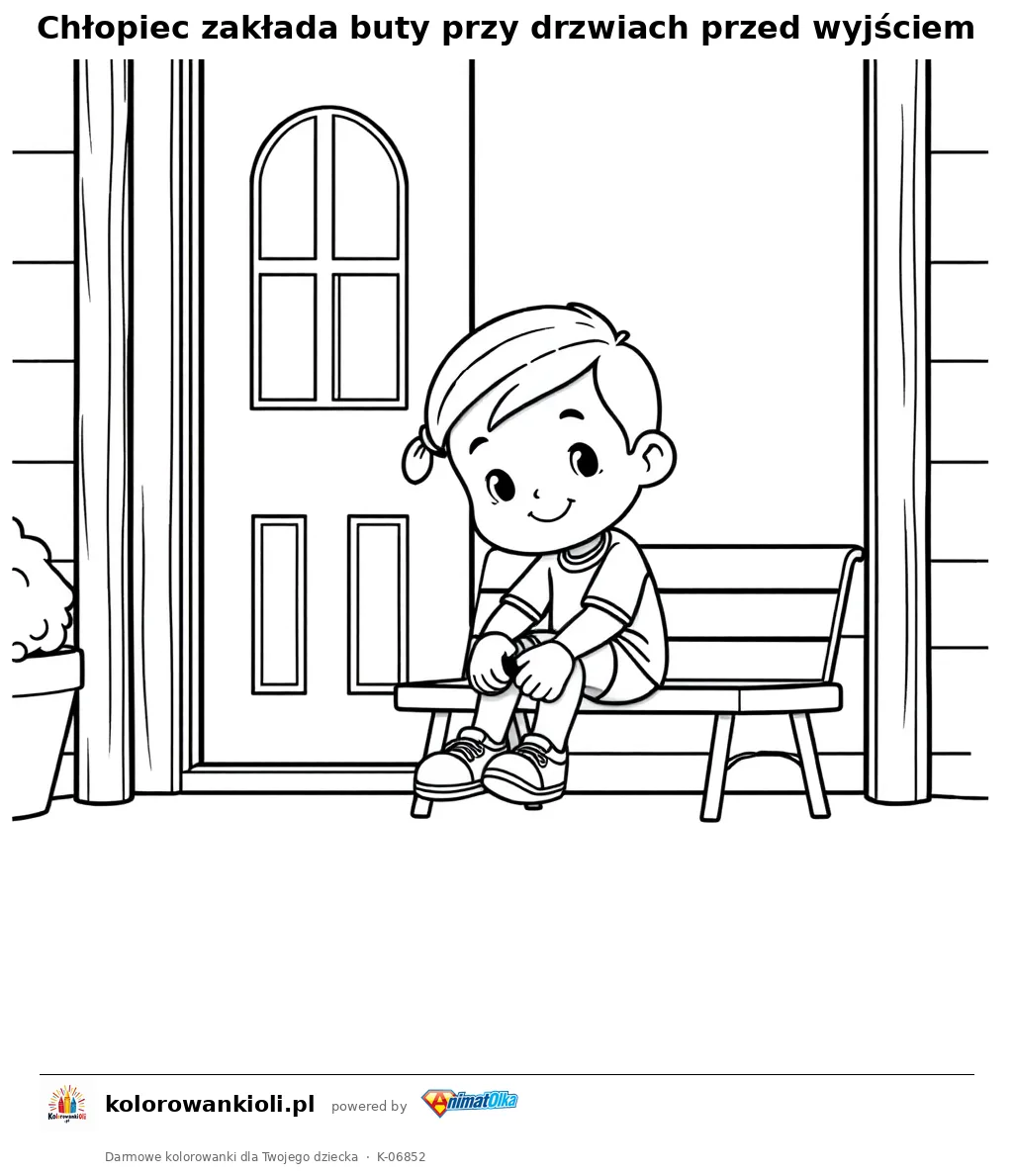 Chłopiec zakłada buty przy drzwiach przed wyjściem — kolorowanka do wydruku dla dzieci
