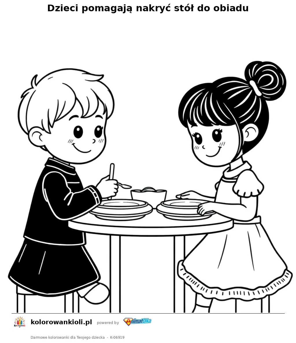 Dzieci pomagają nakryć stół do obiadu — kolorowanka do wydruku dla dzieci