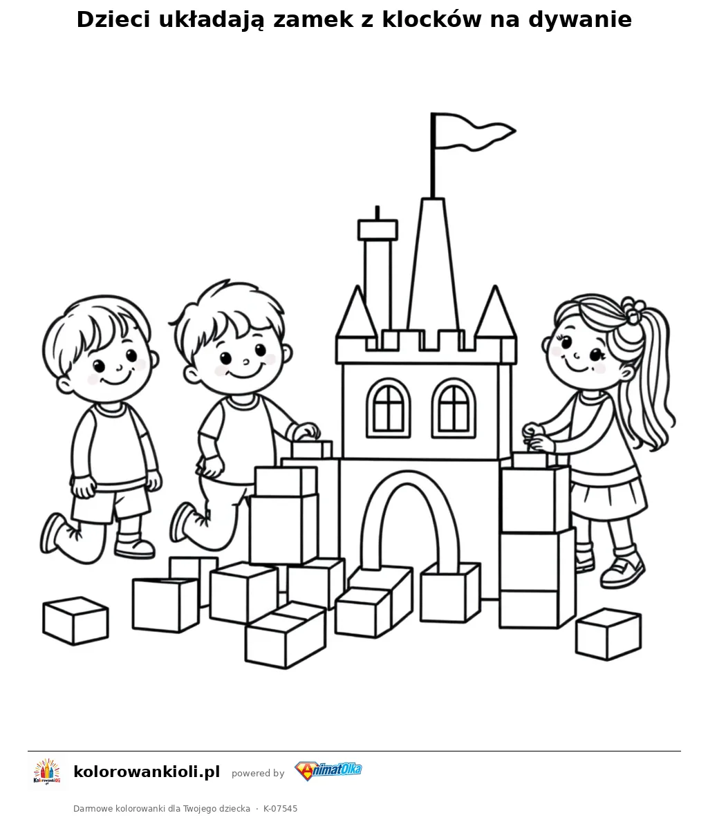 Dzieci układają zamek z klocków na dywanie — kolorowanka do wydruku dla dzieci