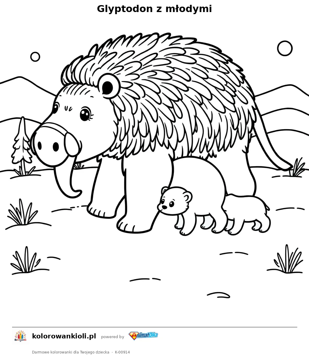 Glyptodon z młodymi — kolorowanka do wydruku dla dzieci