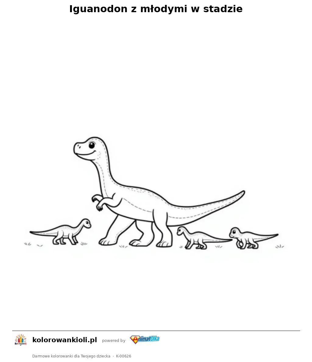 Iguanodon z młodymi w stadzie — kolorowanka do wydruku dla dzieci