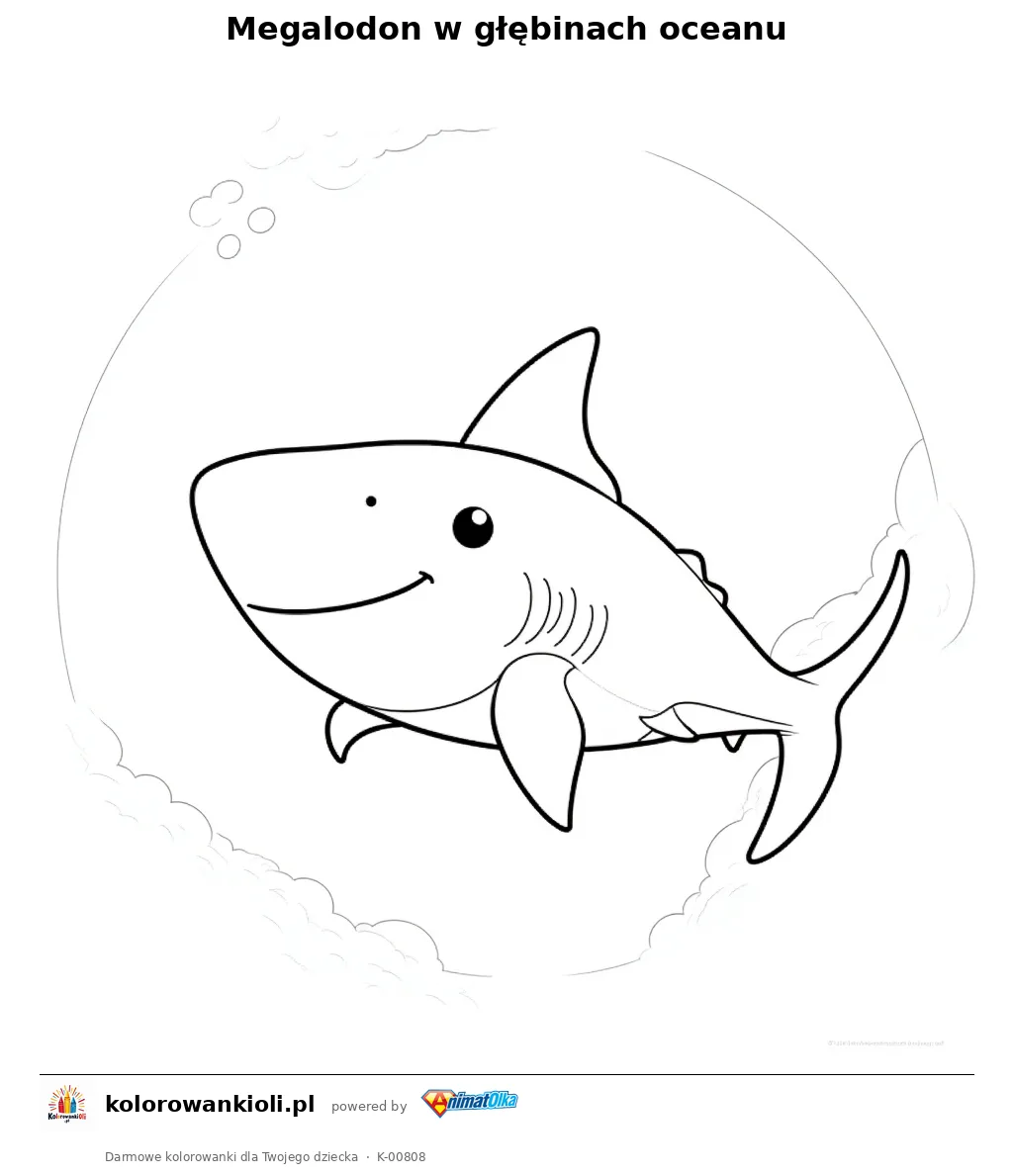 Megalodon w głębinach oceanu — kolorowanka do wydruku dla dzieci