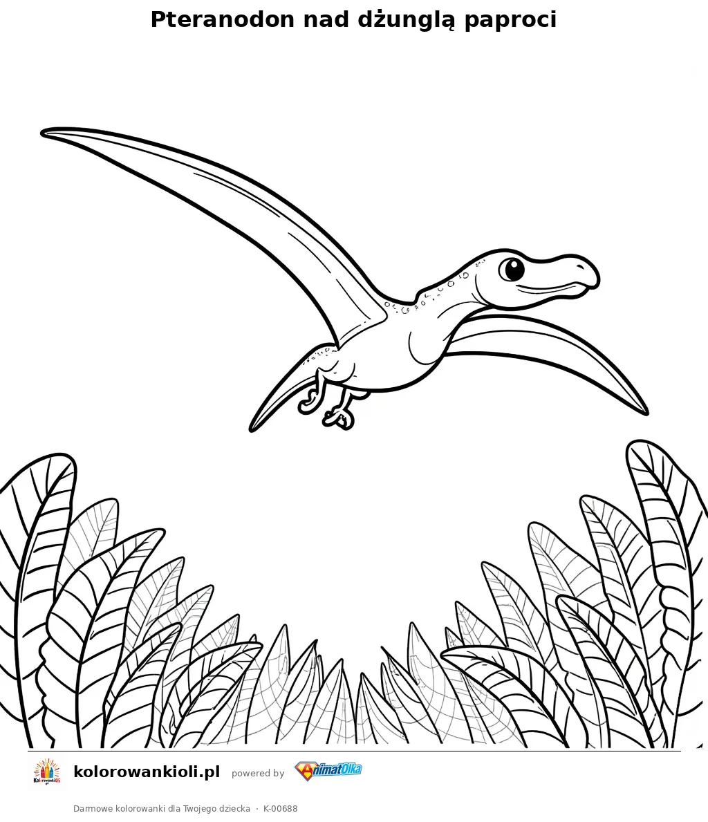 Pteranodon nad dżunglą paproci — kolorowanka do wydruku dla dzieci