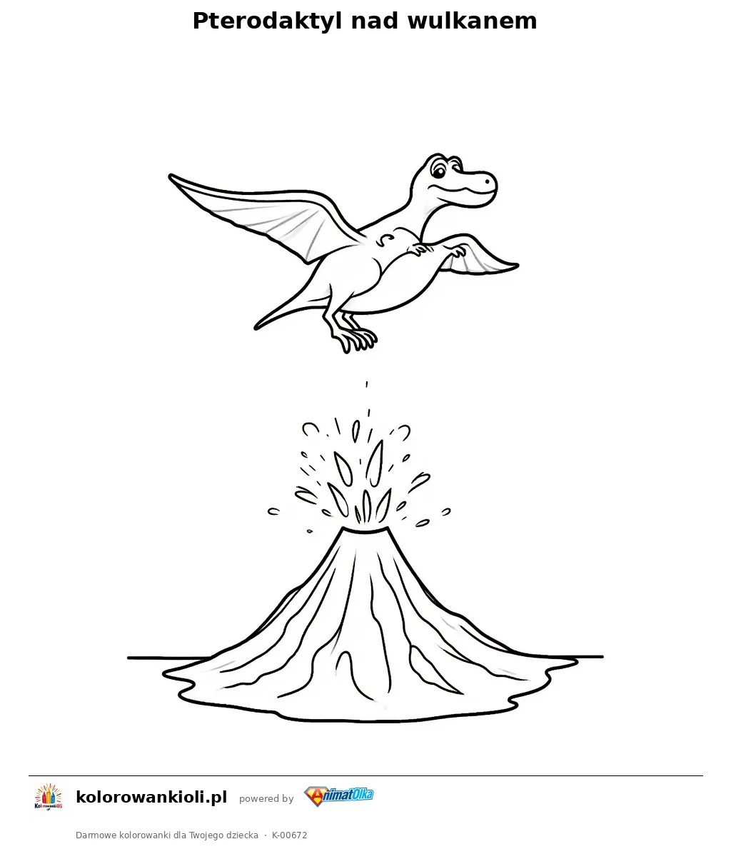 Pterodaktyl nad wulkanem — kolorowanka do wydruku dla dzieci