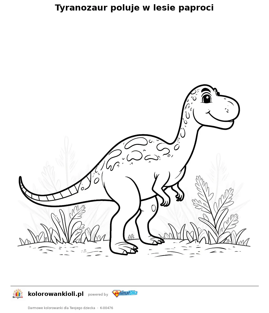 Tyranozaur poluje w lesie paproci — kolorowanka do wydruku dla dzieci