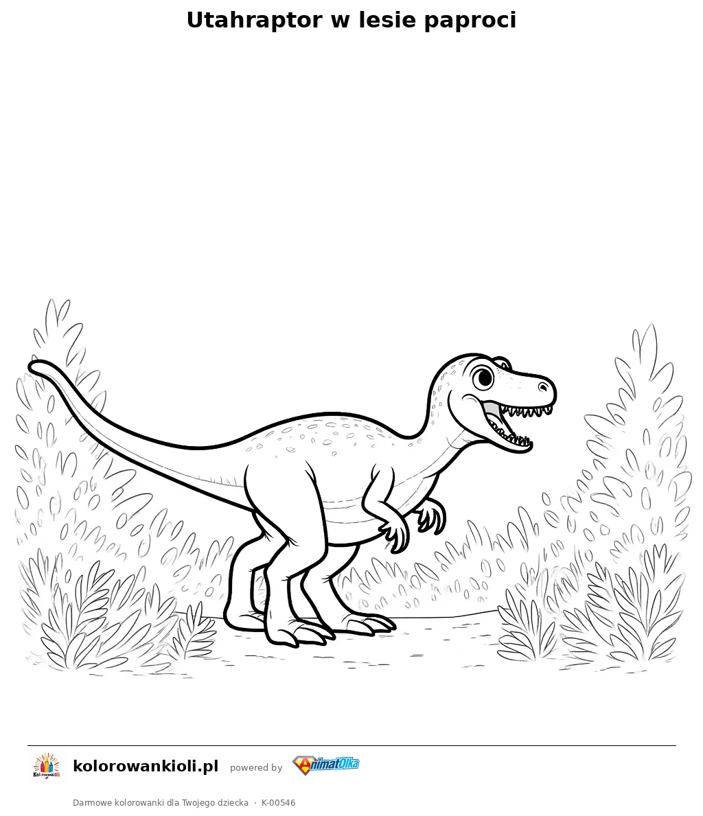Utahraptor w lesie paproci — kolorowanka do wydruku dla dzieci