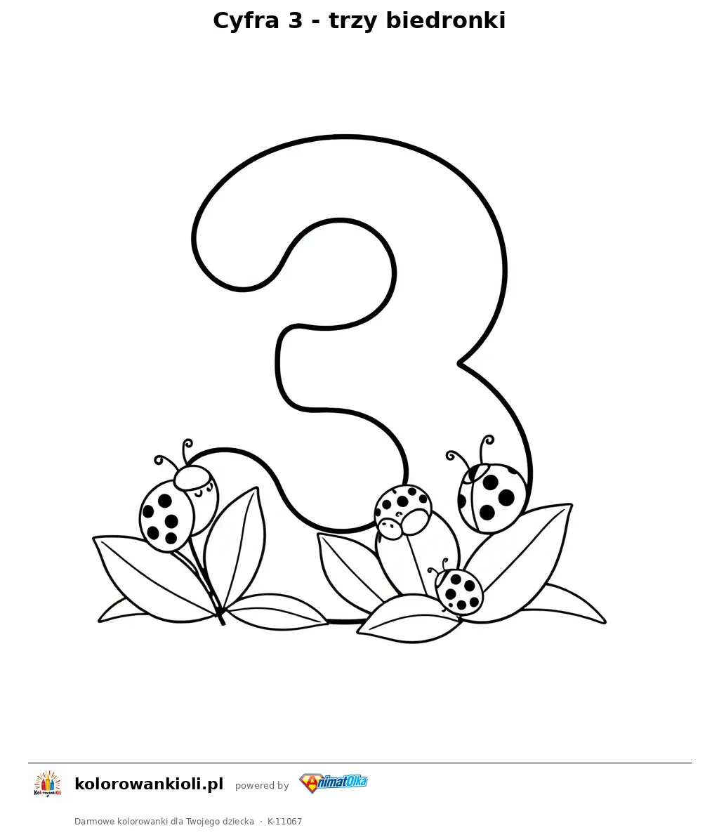 Cyfra 3 - trzy biedronki — kolorowanka do wydruku dla dzieci
