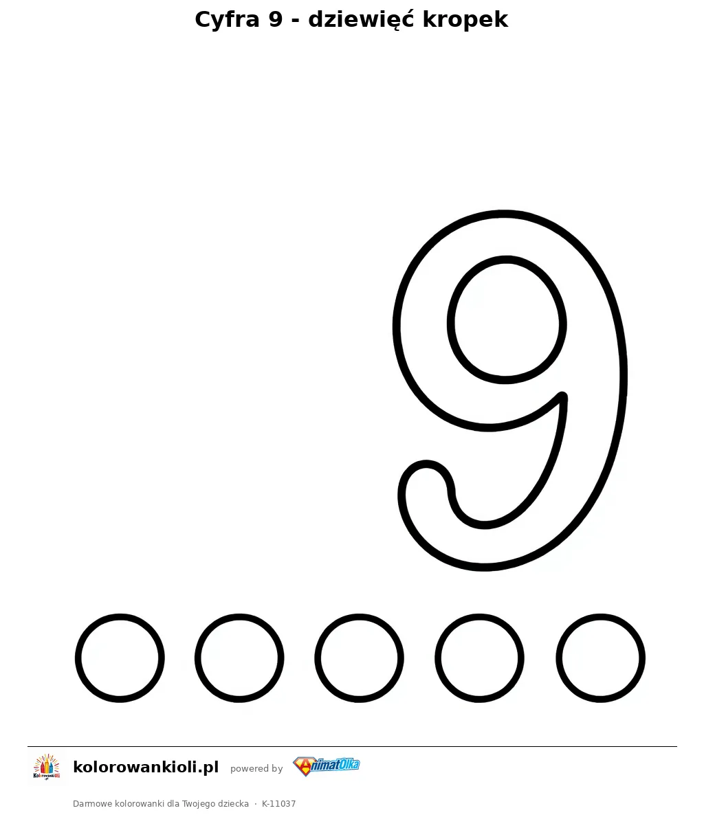 Cyfra 9 - dziewięć kropek — kolorowanka do wydruku dla dzieci