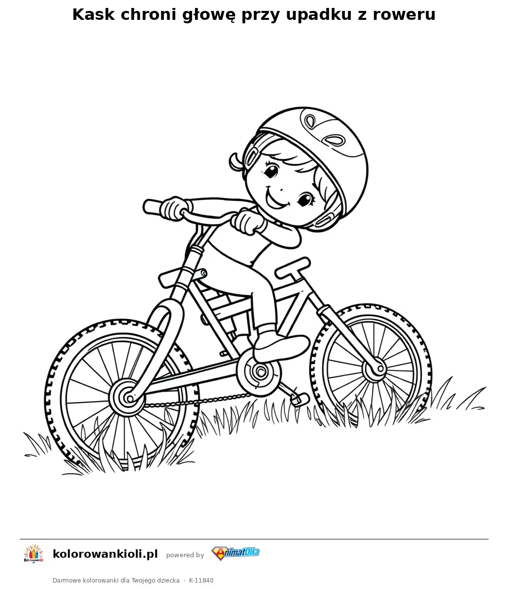 Kask chroni głowę przy upadku z roweru — kolorowanka do wydruku dla dzieci