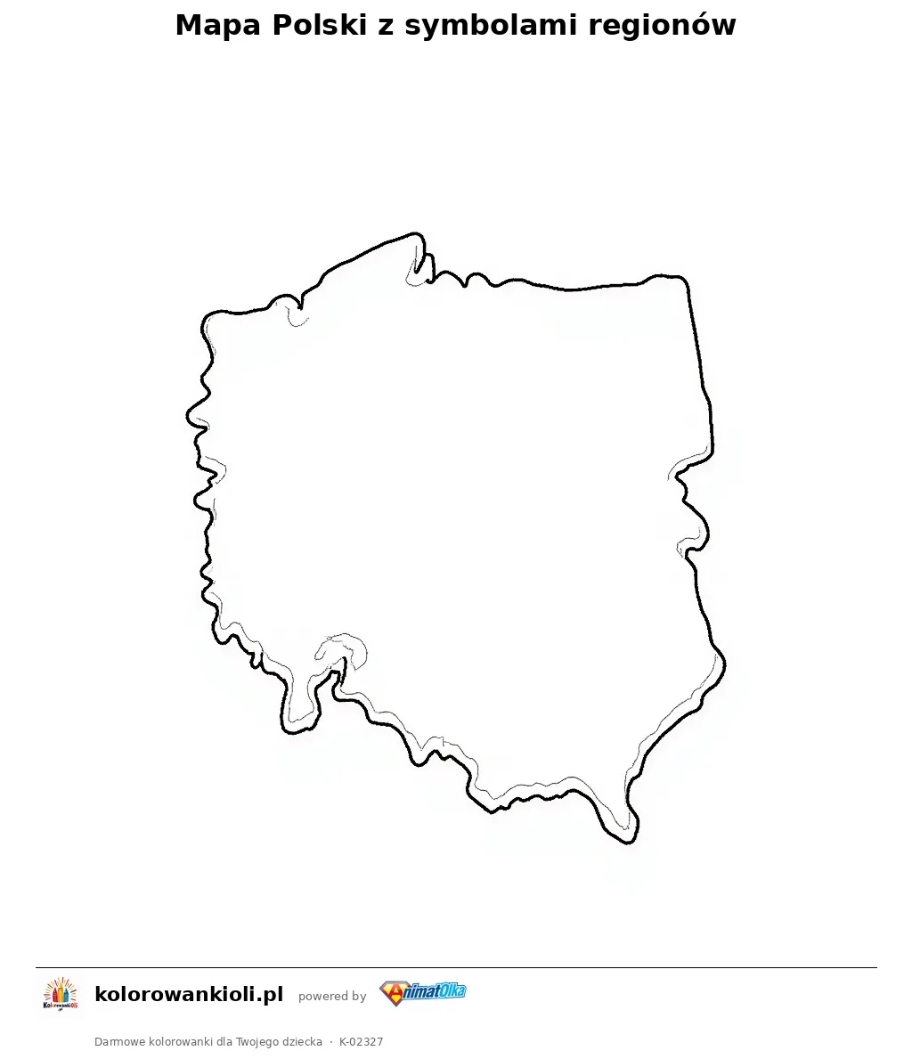 Mapa Polski z symbolami regionów — kolorowanka do wydruku dla dzieci