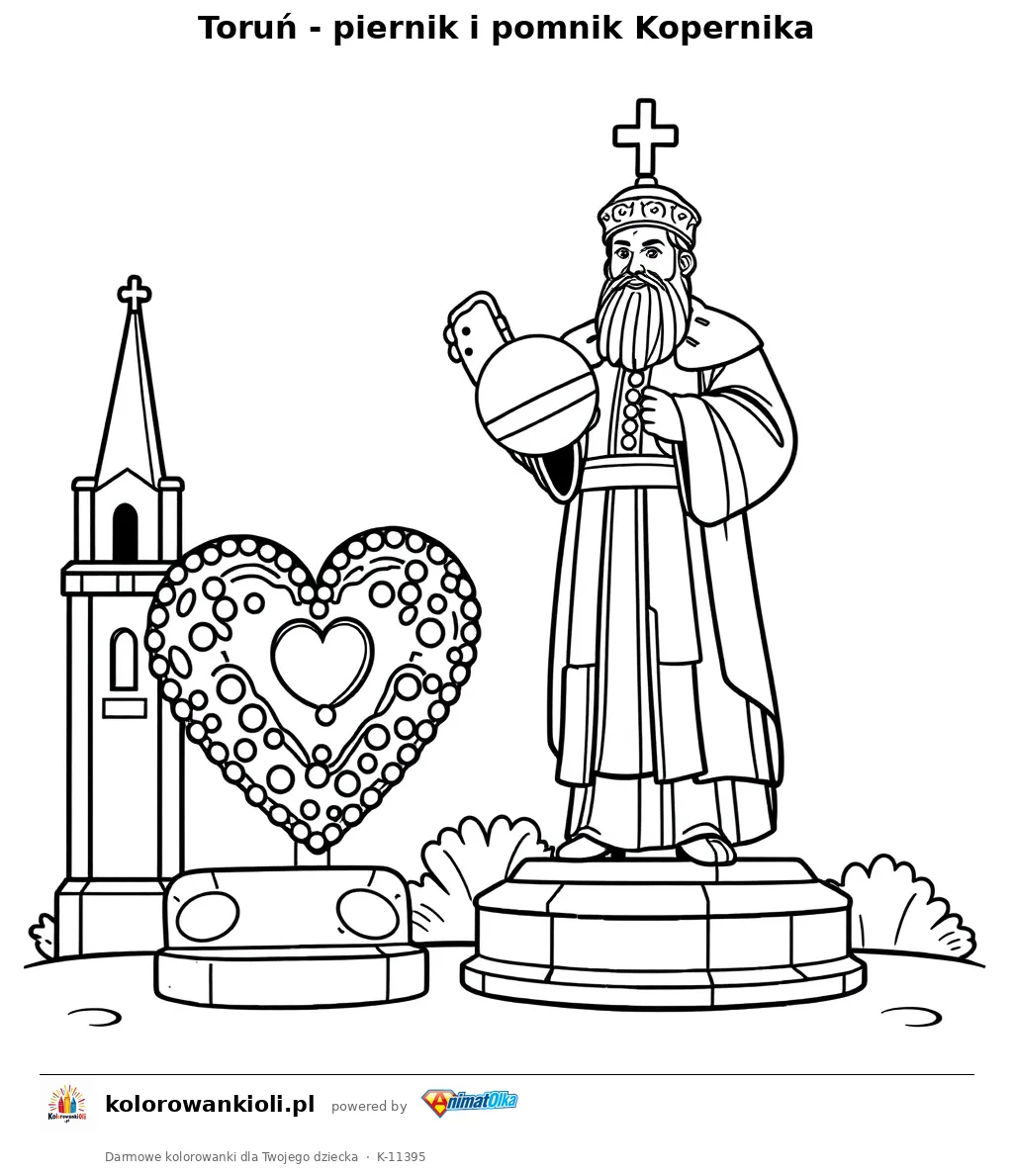 Toruń - piernik i pomnik Kopernika — kolorowanka do wydruku dla dzieci