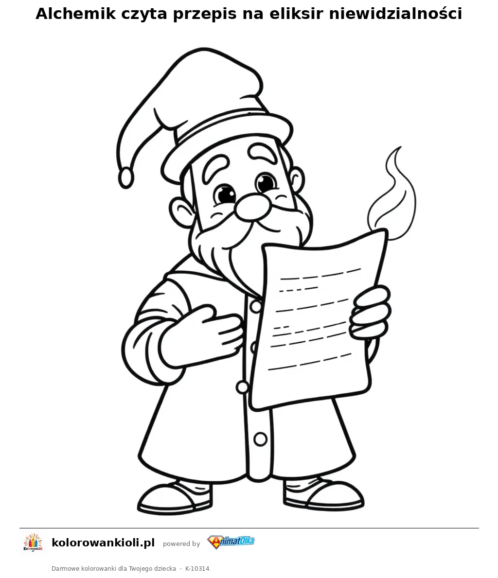 Alchemik czyta przepis na eliksir niewidzialności — kolorowanka do wydruku dla dzieci