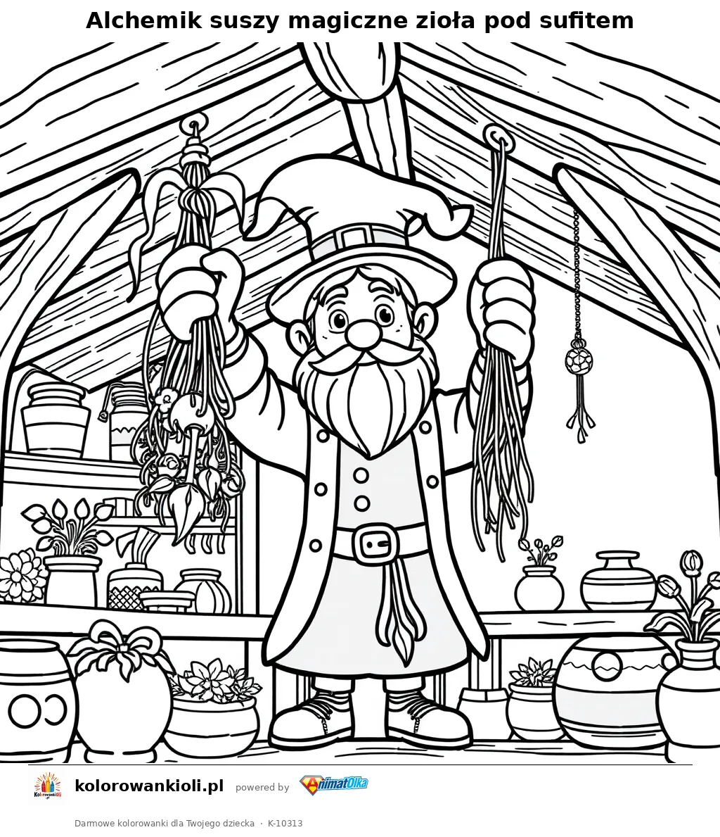 Alchemik suszy magiczne zioła pod sufitem — kolorowanka do wydruku dla dzieci