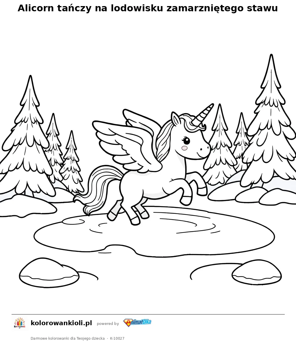Alicorn tanczy na lodowisku zamarznietego stawu — kolorowanka do wydruku dla dzieci