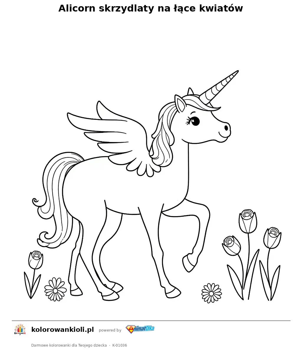 Alicorn skrzydlaty na łące kwiatów — kolorowanka do wydruku dla dzieci