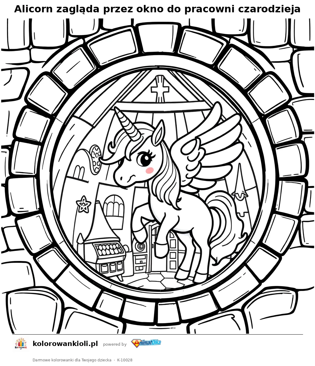 Alicorn zagląda przez okno do pracowni czarodzieja — kolorowanka do wydruku dla dzieci