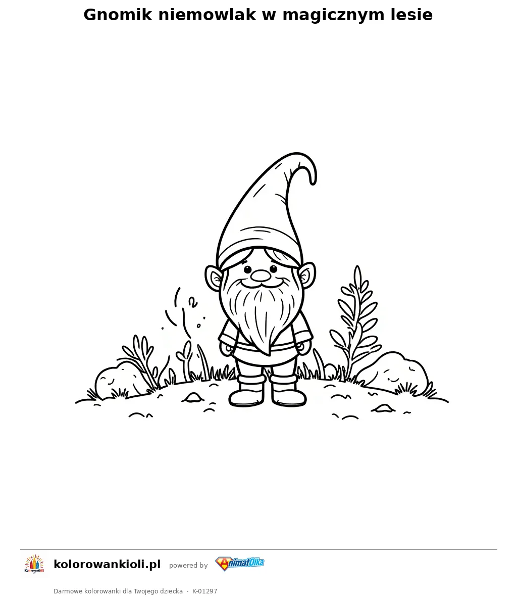 Gnomik niemowlak w magicznym lesie — kolorowanka do wydruku dla dzieci