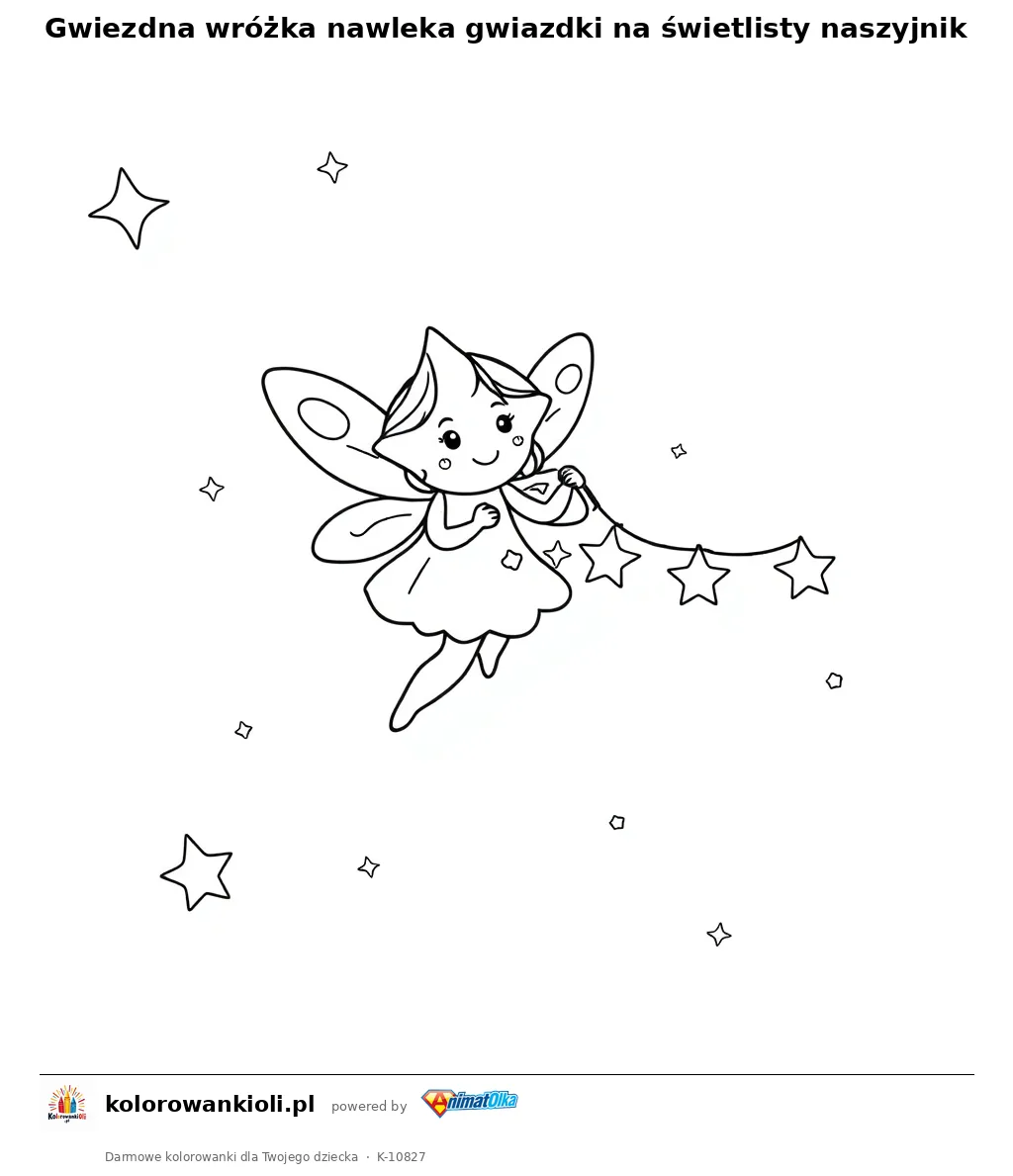 Gwiezdna wrozka nawleka gwiazdki na swietlisty naszyjnik — kolorowanka do wydruku dla dzieci