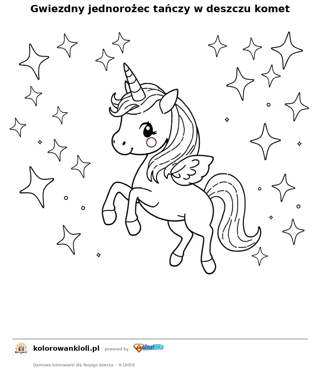 Gwiezdny jednorożec tańczy w deszczu komet — kolorowanka do wydruku dla dzieci
