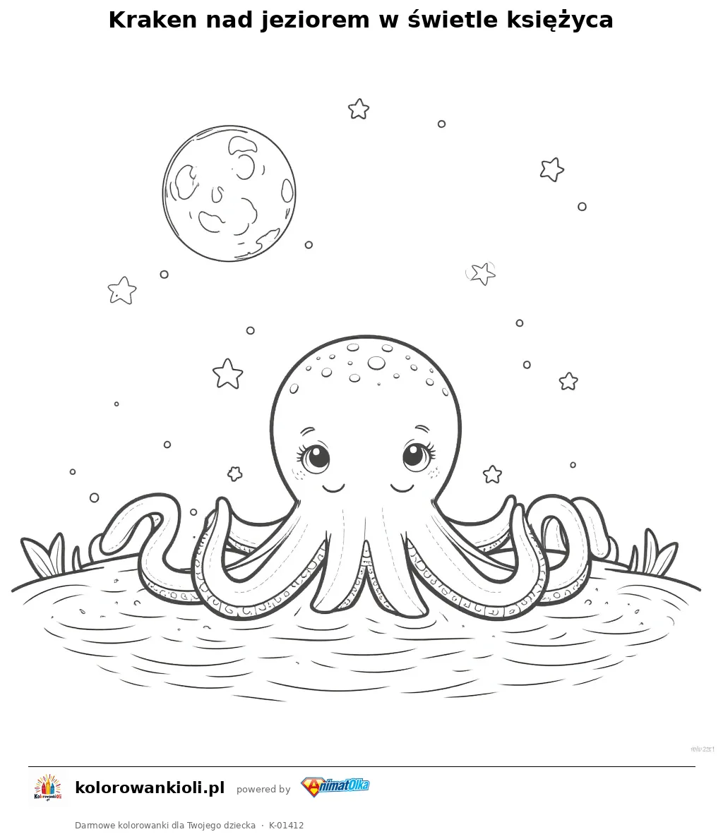 Kraken nad jeziorem w świetle księżyca — kolorowanka do wydruku dla dzieci