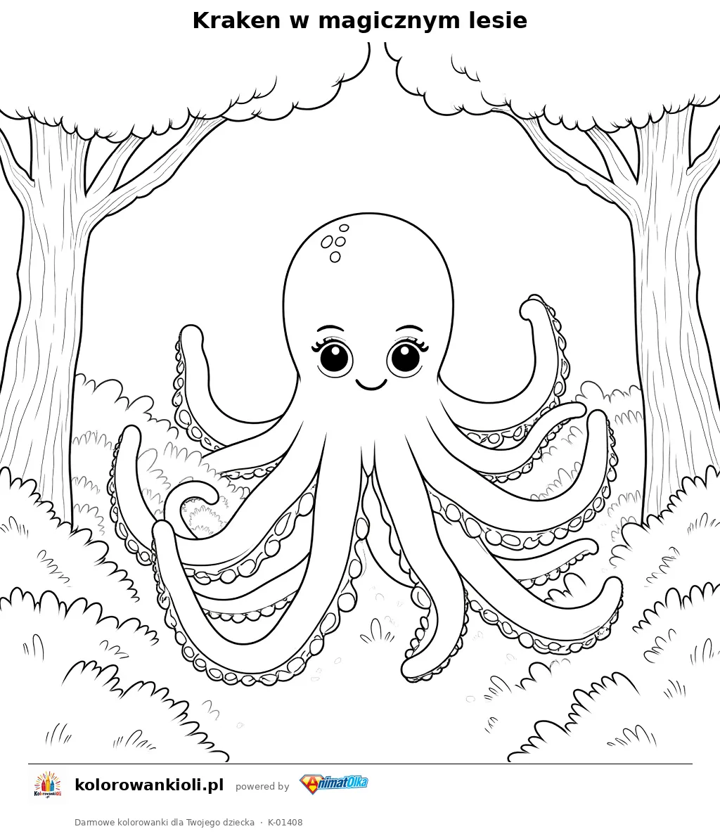Kraken w magicznym lesie — kolorowanka do wydruku dla dzieci