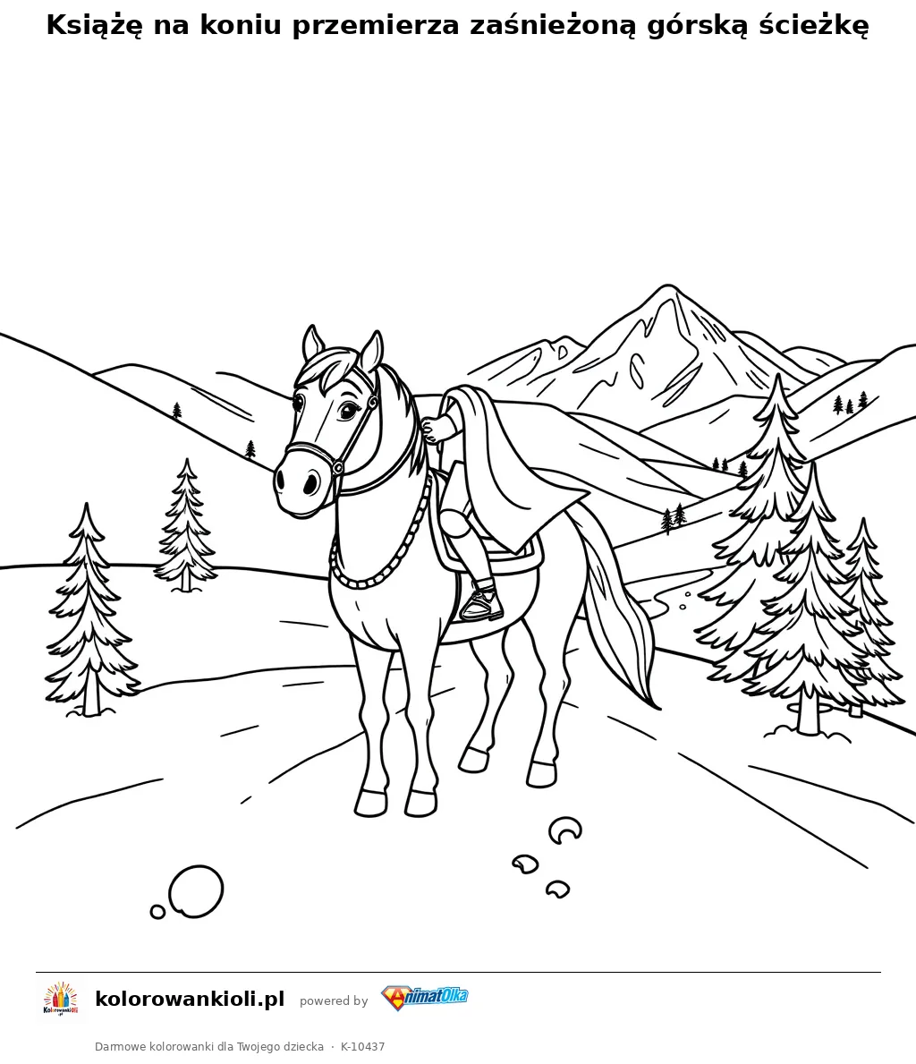 Książę na koniu przemierza zaśnieżoną górską ścieżkę — kolorowanka do wydruku dla dzieci