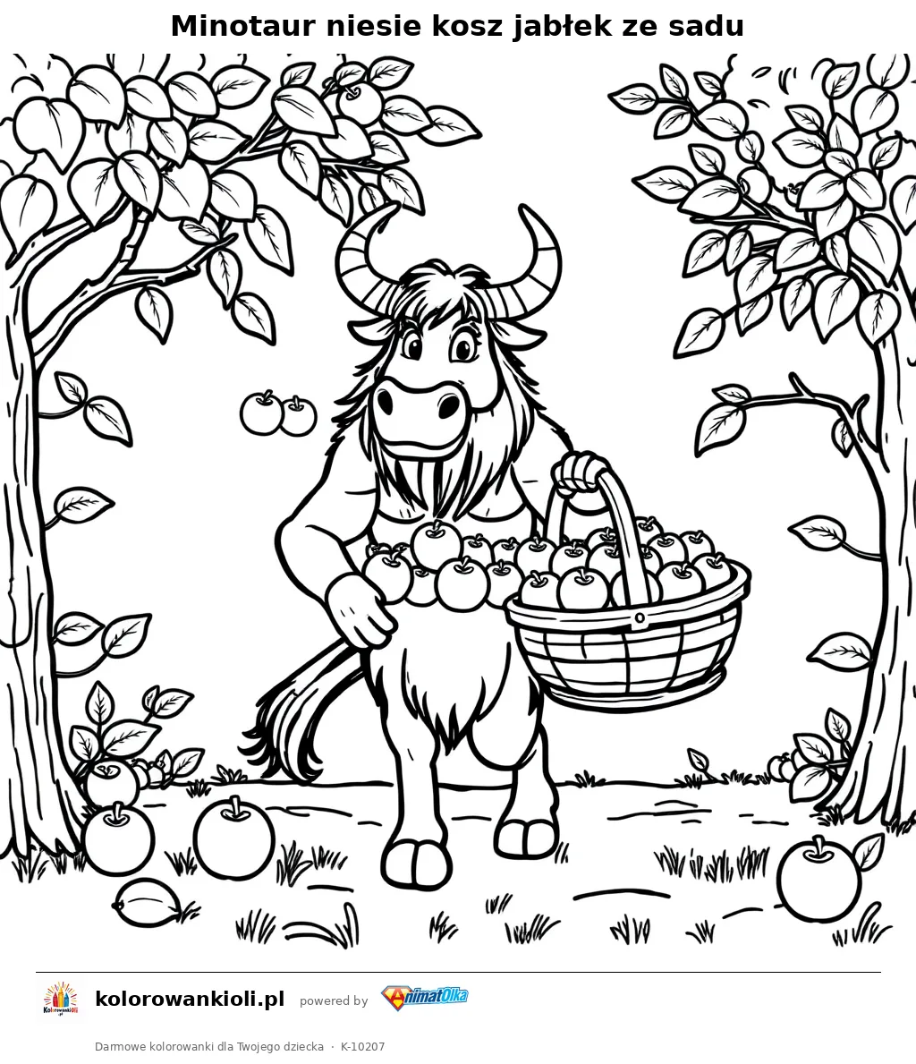 Minotaur niesie kosz jablek ze sadu — kolorowanka do wydruku dla dzieci