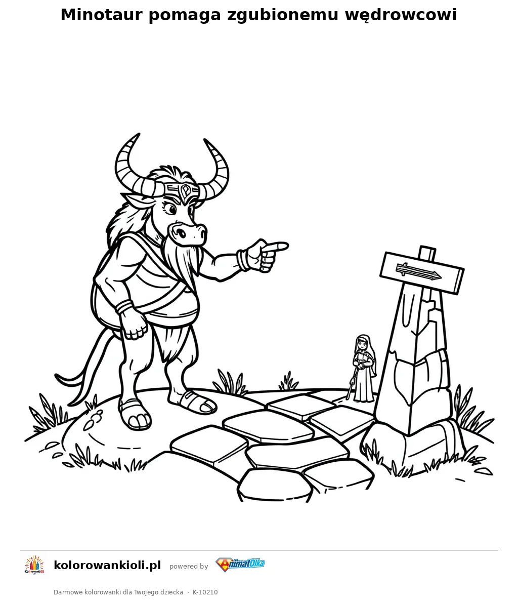 Minotaur pomaga zgubionemu wedrowcowi — kolorowanka do wydruku dla dzieci