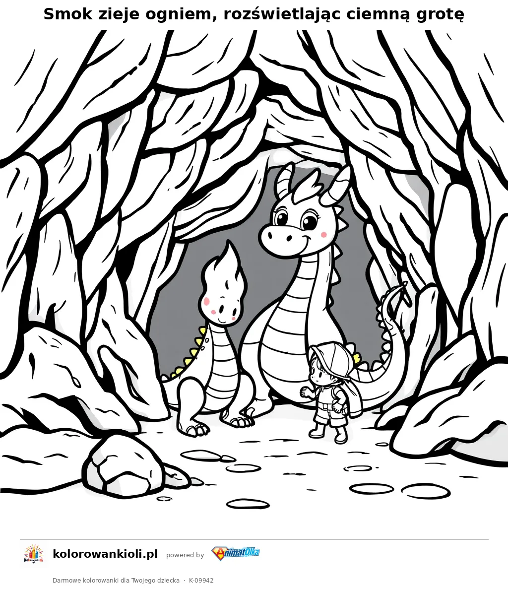 Smok zieje ogniem, rozświetlając ciemną grotę — kolorowanka do wydruku dla dzieci