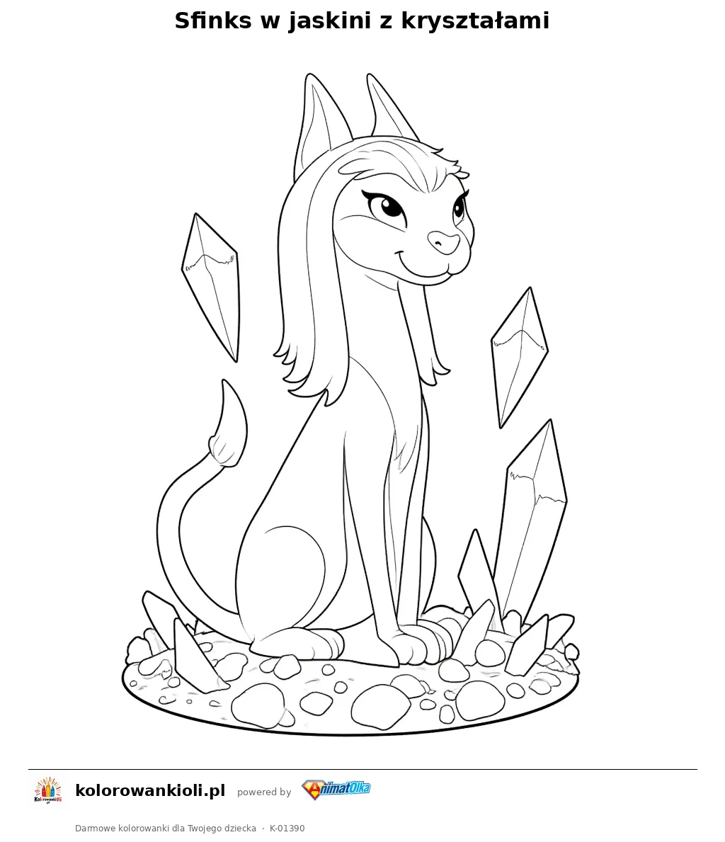 Sfinks w jaskini z kryształami — kolorowanka do wydruku dla dzieci