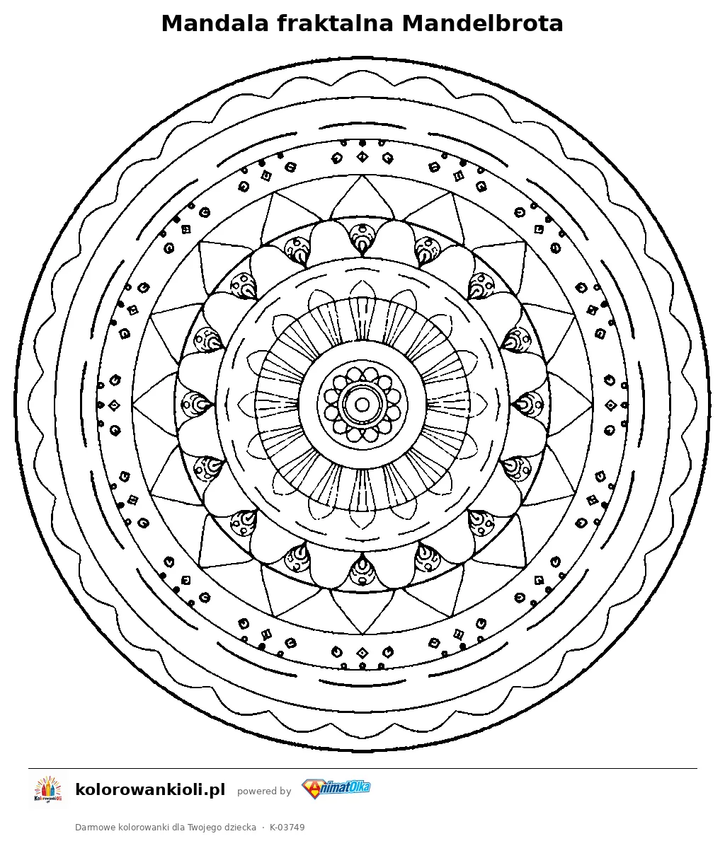 Mandala fraktalna Mandelbrota — kolorowanka do wydruku dla dzieci