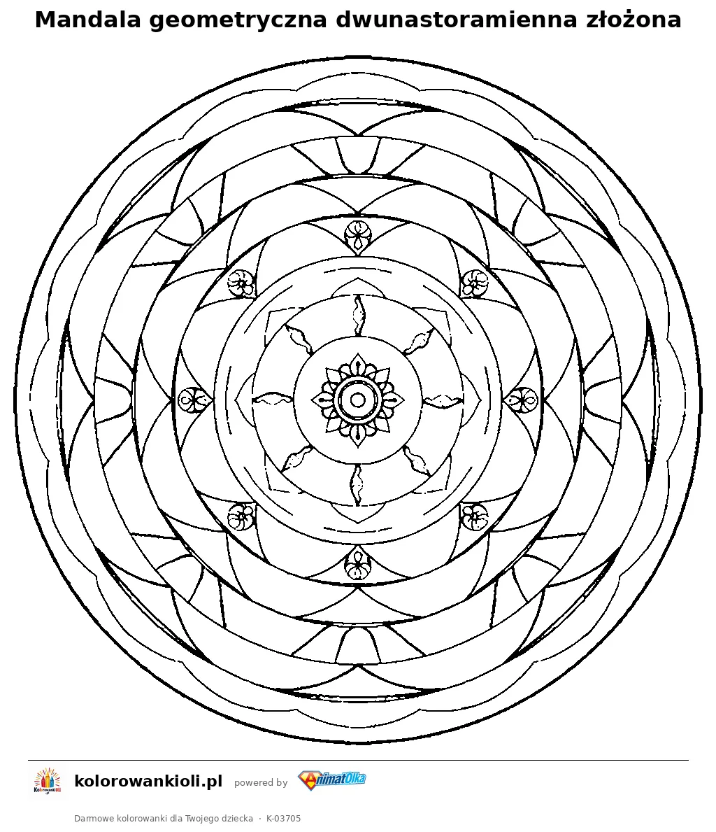 Mandala geometryczna dwunastoramienna złożona — kolorowanka do wydruku dla dzieci