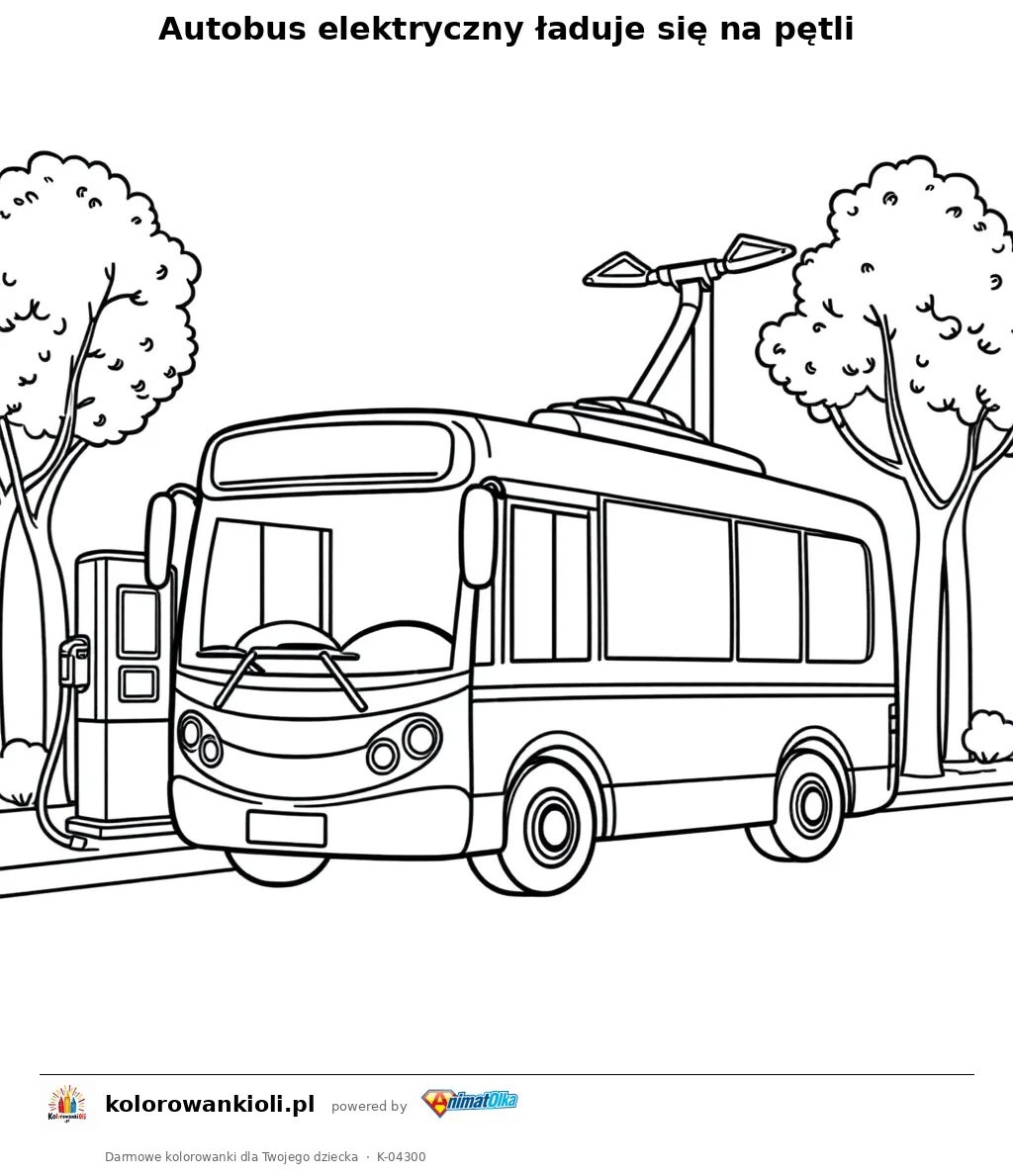 Autobus elektryczny ładuje się na pętli — kolorowanka do wydruku dla dzieci