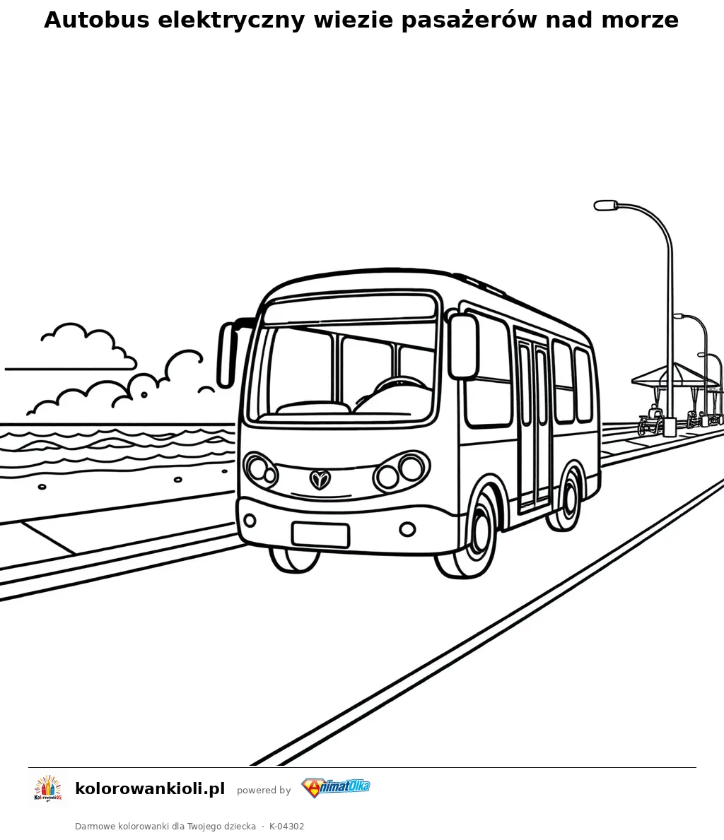 Autobus elektryczny wiezie pasażerów nad morze — kolorowanka do wydruku dla dzieci
