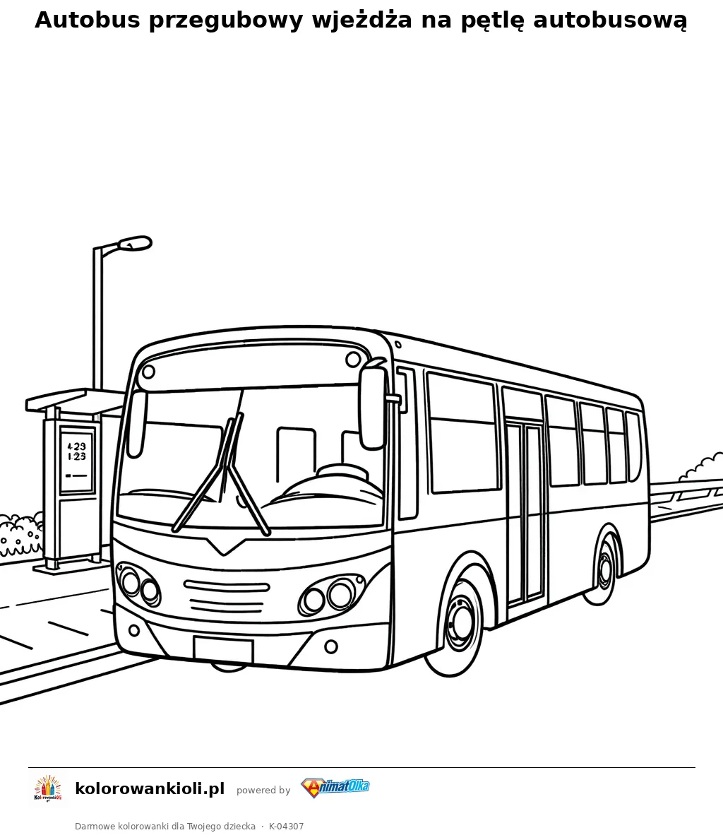 Autobus przegubowy wjeżdża na pętlę autobusową — kolorowanka do wydruku dla dzieci